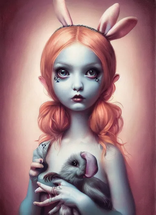 Image similar to pop surrealism, lowbrow art, realistic cute alice girl painting, holding a bunny, hyper realism, muted colours, rococo, natalie shau, loreta lux, tom bagshaw, mark ryden, trevor brown style,