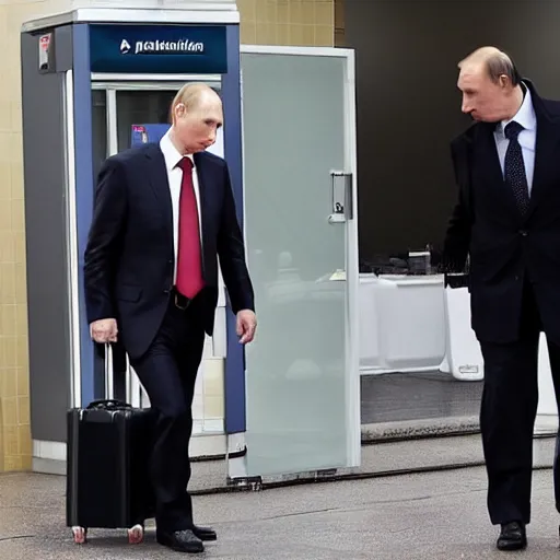 Image similar to wary Vladimir Putin leaving a public toilet with a suspicious suitcase