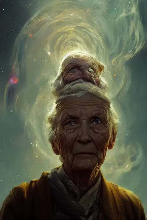 Image similar to the look of an elderly person 4 1 6 0 full of wrinkles and imperfections by artgem and greg rutkowski, highly detailed, high contrast, light reflection, trippy, nebula, trending on artstation