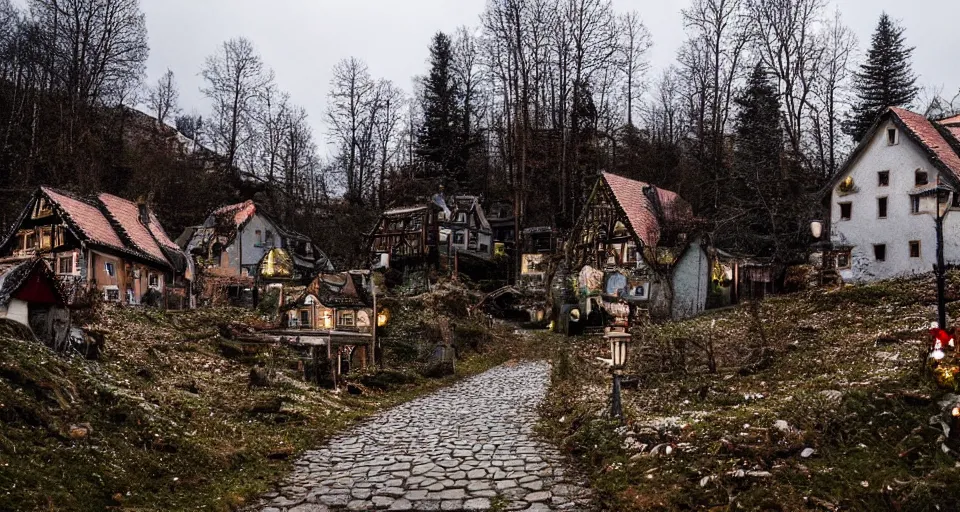 Image similar to an eerie abandoned village in the black forest decorated with christmas lights