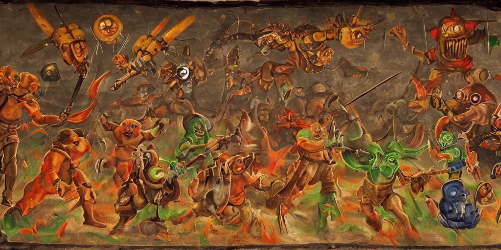 Image similar to Medieval fresco of the Doom Slayer from Doom Eternal fighting and shooting a hord of Teletubbies in hell, 4k, painted in 1530