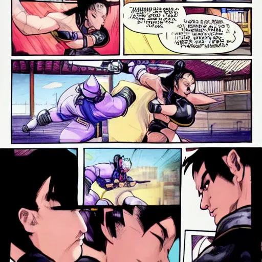 Image similar to chun li fighting hobbs in street fighter v by bill watterson