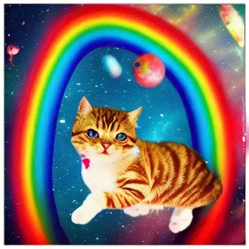 Prompt: cat with a pop tart body flying though space on a rainbow bridge