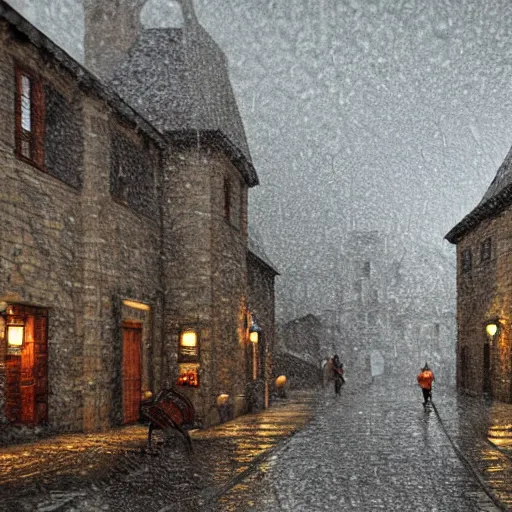 Image similar to raining and thundering in a medieval town, 4k, realistic, tranquil, calming,