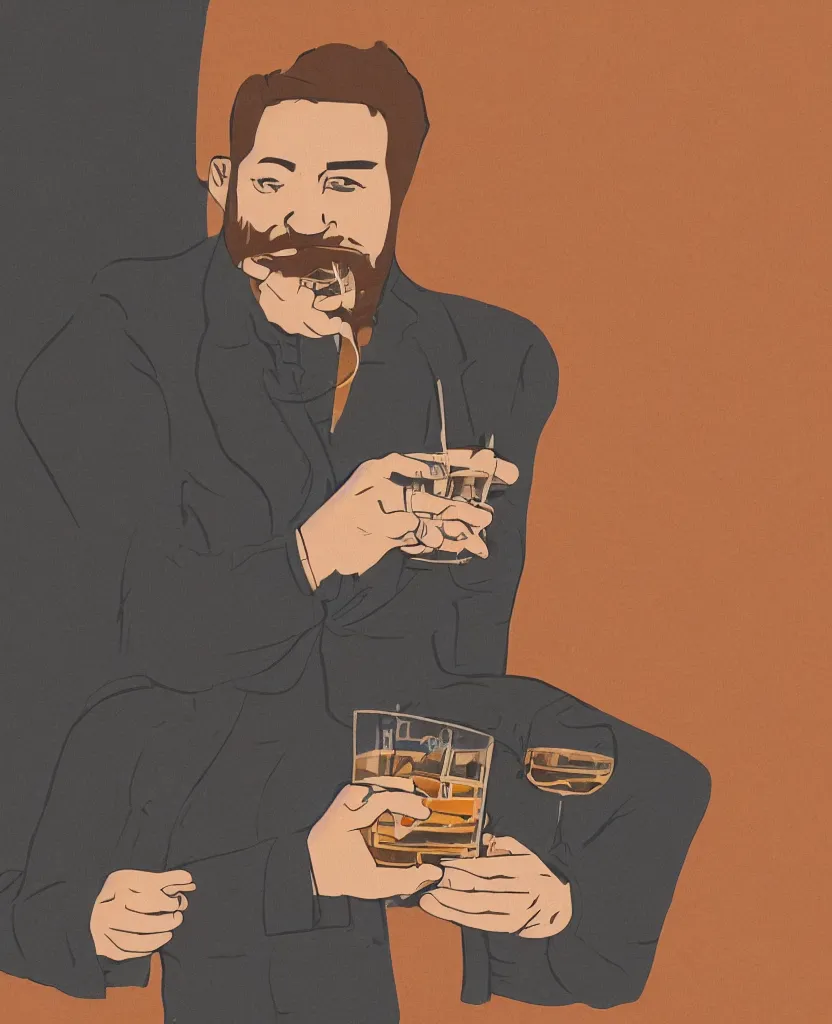 Image similar to a man drinking whiskey on his birthday, highly detailed 2 d illustration in matte colors