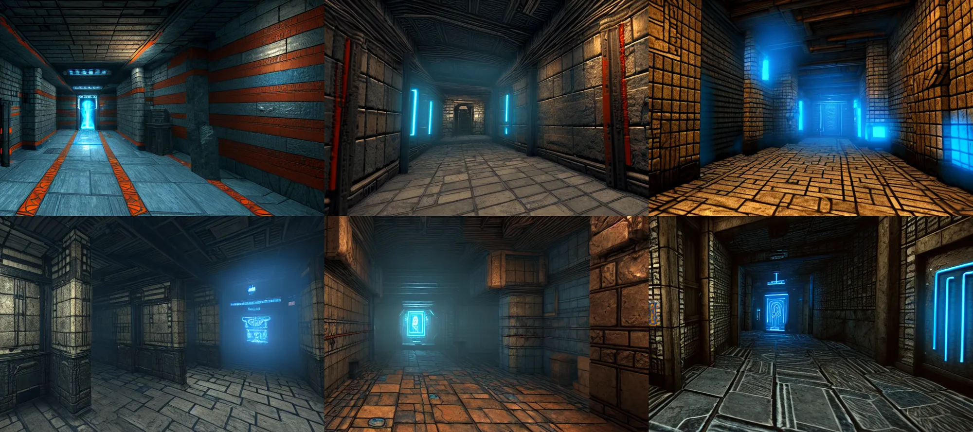 Prompt: futurepunk dungeon, ancient stone tiling, blue and orange neon lines along the wall, bluestone walls, trending on artstation. skyrim in - game screenshot. absurdly detailed linear hallway with doors