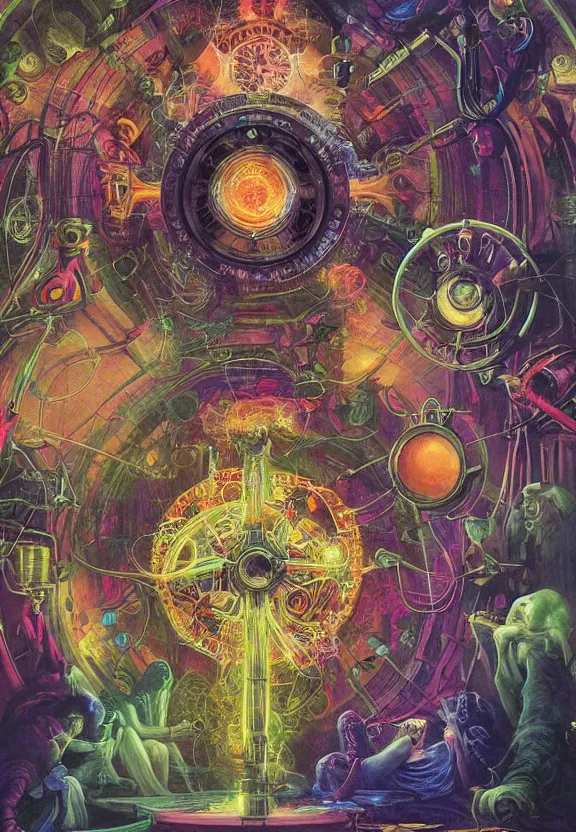 Image similar to colorful medical equipment, cameras, radiating, neon light mandala, minimalist environment, by ryan stegman and hr giger and esao andrews and maria sibylla merian eugene delacroix, gustave dore, thomas moran, the movie the thing, modern art, graffiti, saturated