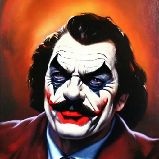 Prompt: ultra realistic portrait painting of tom selleck as the joker, art by frank frazetta, 4 k, ultra realistic, highly detailed, epic lighting