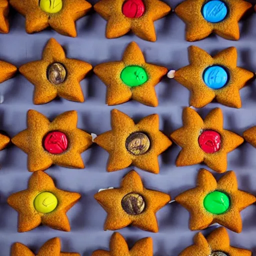 Image similar to close view of a 5 pointed star shaped m & m cookie, warm dim light