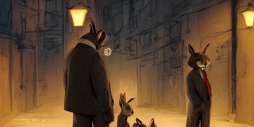 Prompt: rabbit wearing a tie is talking to a detective ferret in a dark alley, warm color palette, night time, dramatic lighting, noir film, character sheet, fine details, high contrast, blacksad, kim jung gi, greg rutkowski, trending on artstation, 8 k, front view, back view, ultra wide angle