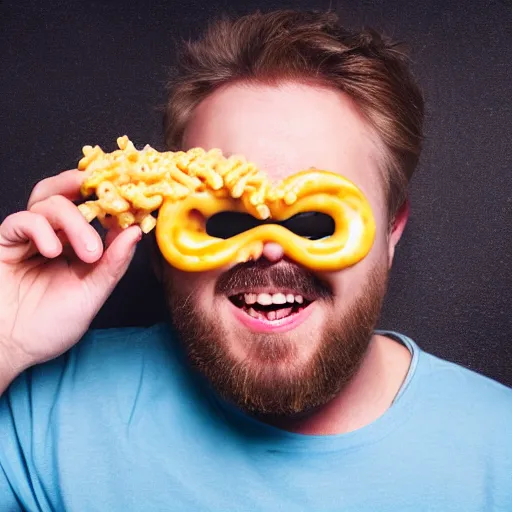 Prompt: a man with mac n' cheese streaming out of his eyes, nose, mouth and ears. photograph. delicious.