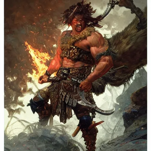 Prompt: muscular male barbarian charging into battle, intricate details, large sword, smoke and fire, by Stanley Artgerm Lau, by greg rutkowski, by thomas kindkade, by alphonse mucha, loish, by norman rockwell J.