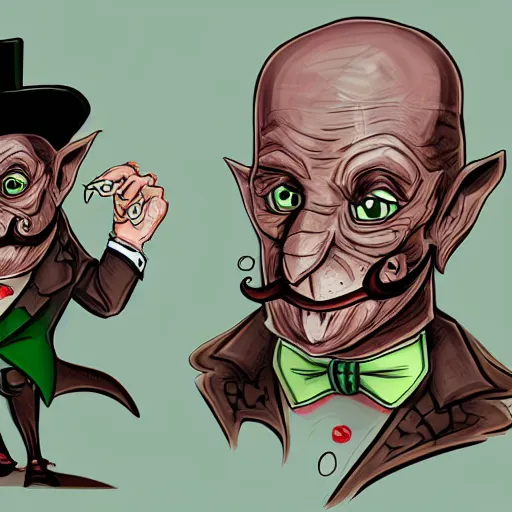 Prompt: a cartoonishly evil goblin, supervillain, top hat and luxurious handlebar moustache, green skin, cartoon style, d & d character portrait, victorian clothing, digital art, 8 k,