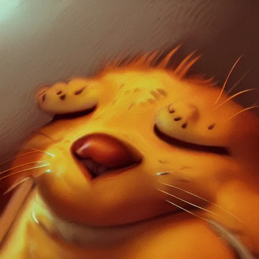 Image similar to close up of garfield with lasagna realistic shaded, fine details, realistic shaded lighting poster by greg rutkowski