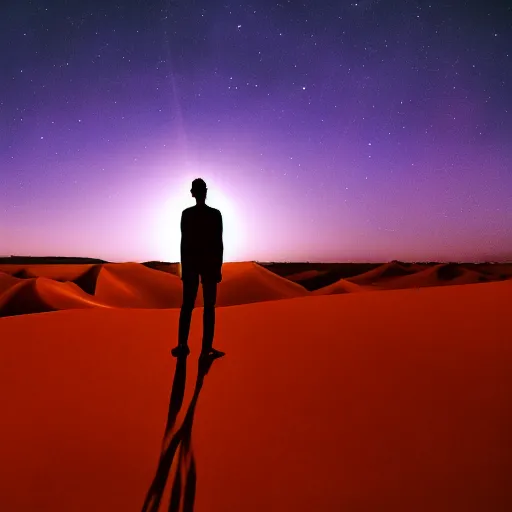 Image similar to a photo of a silhouette of a person in a color lit desert at night