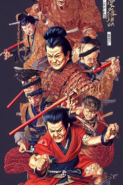 Prompt: poster of joe pesci as a samurai, by yoichi hatakenaka, masamune shirow, josan gonzales and dan mumford, ayami kojima, takato yamamoto, barclay shaw, karol bak, yukito kishiro