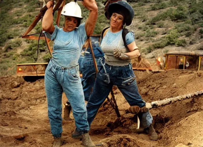 Prompt: 90's professional color photograph, A very muscular miner woman at work