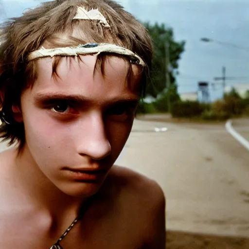 Image similar to a teenage boy, around 1 9 years old with necklace, natural brown hair, loincloth, pale skin. as homeless. detailed face. ominous and eerie looking street in background. natural color. hyperrealistic photo.