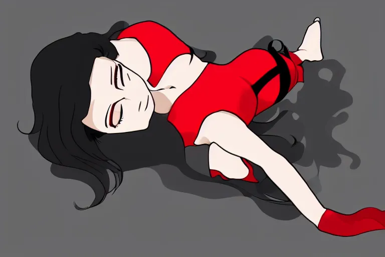 Prompt: a girl laying from left to right, wearing a black outfit with red trim, simple vector shaded anime style, simple anime digital art, 4 k