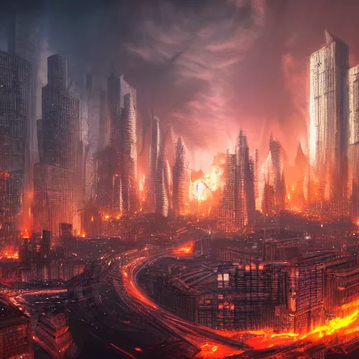 Image similar to dystopian cityscape on fire at night by michael kirkbride, high detail, very intricate, 4 k, 8 k, artstation, video game concept art