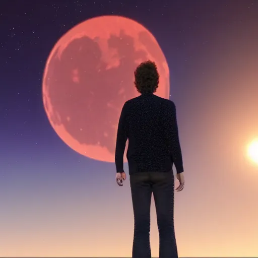 Image similar to gustavo cerati looking at the red moon in the universe, universe, stars, digital art, render unreal engine, highly detailed face, asymmetrical