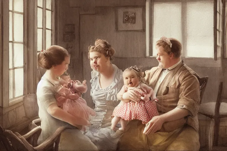 Prompt: charming and chubby parents and their very fat baby girl, wearing a polka dot cloths and a victorian - style hairdo, sits in the large and bright studio. sunlight enters through the barred window. delicate watercolor and pencil on canvas. beautiful lighting, 4 k post - processing, highly detailed, 5 k extremely detailed, 3 d. cinematic scene.