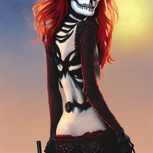 Image similar to cute & beautiful smug smiling undead skeleton girl with very attractive face and red hair dressed as a retrofuturist police officer, elegant, digital art, fullbody painting, fantasy, pixar style, painting, pin up, highly detailed, artstation, art by artgerm, vrubel, greg rutkowski, ilya kuvshinov, raymond swanland