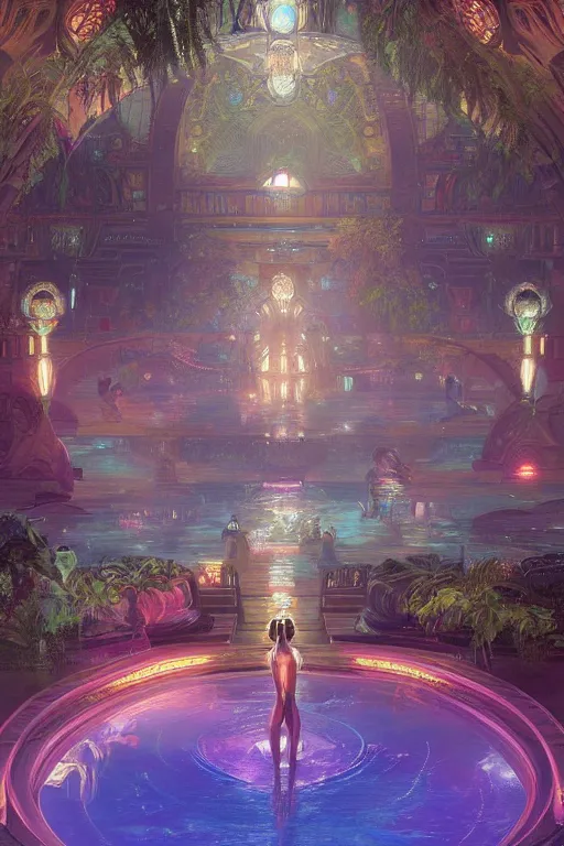 Prompt: Concept Digital Art Highly detailed Alien Art Deco Cybertron lazy river inside of the Palace of the Primes with glowing pink water at night by greg rutkowski, Ilya repin, alphonse mucha, and Edmund Blair Leighton. Very highly detailed 8K, octane, Digital painting, the golden ratio, rational painting