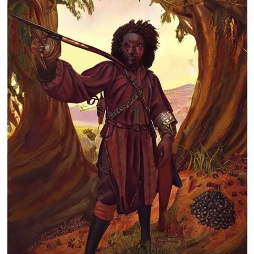 Prompt: a medieval hunter with african ethnicity and dreadlocks, plum color scheme, fantasy character portrait by James C Christensen