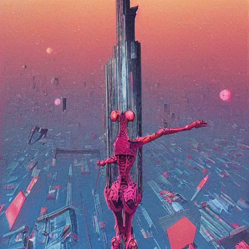 Prompt: eva unit 0 1 fortnite dancing over neo tokyo, giant, towering, unsettling, by zdzisław beksinski