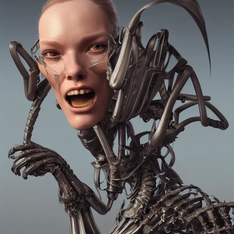 Image similar to prototype exoskeleton with ribbed body, baroque portrait by rutkowsky and charles vess and james jean and erik jones and rhads, 3 d octane render, beautiful fine face features, intricate high details, sharp, ultradetailed, artistic photography