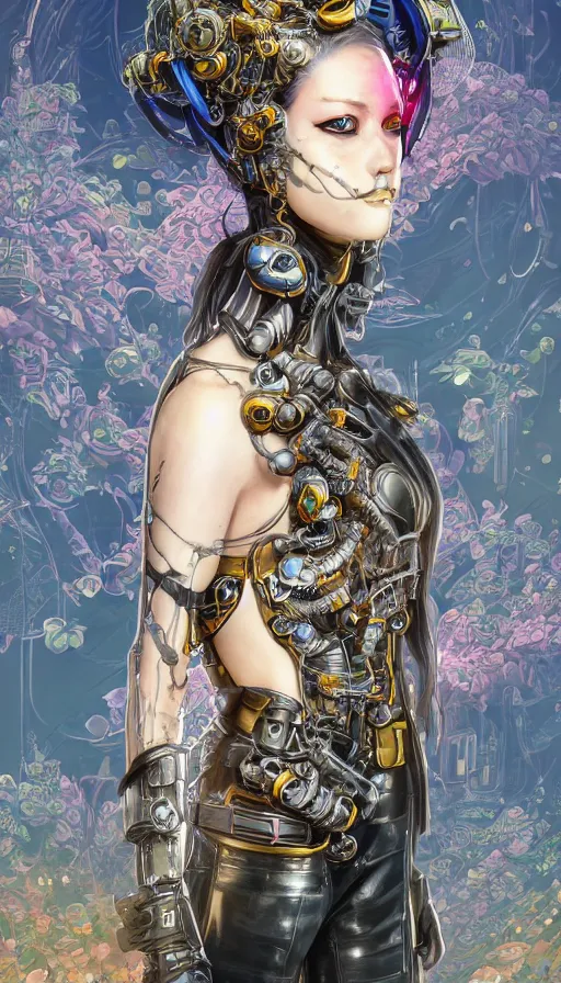 Image similar to full body head to toe portrait of a flowerpunk sci-fi cyborg ninja, third person, D&D, sci-fi fantasy, intricate, blue and gold, highly detailed, art by Range Murata, highly detailed, 3d, octane render, bright colors, digital painting, trending on artstation, sharp focus, illustration style of Stanley Artgerm, dramatic background