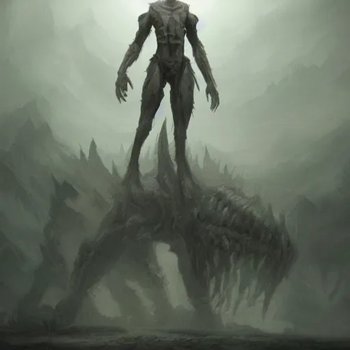 Prompt: a beautiful terrifying immense pale humanoid giant looms over a tiny human. ethereal horror fantasy art, artstation, detailed, realistic