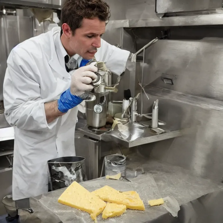 Prompt: a rat mad scientist creating the ultimate cheese in his underground lab