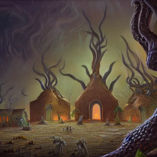 Prompt: a village built on the god of nyarlathotep, toad - like creatures that seemed to change their shape and appearance constantly, and from which emanated, in some way that i am unable to distinguish, a horrible hooting, a kind of flute. oil painting, digital art, ultradetailed, artstation