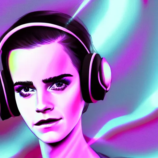 Image similar to synthwave emma watson wearing headphones, animated, trending on artstation, portrait