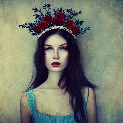 Image similar to full body fine art photo of the most beautiful woman, she has a crown of dried roses, by oleg oprisco