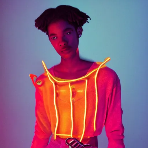 Image similar to realistic photoshooting for a new balenciaga lookbook, color film photography, portrait of a beautiful woman, swirly bokeh. red neon lights and glow in the background, hyper realistic and detailed, by photo in style of tyler mitchell, wes anderson, julia hetta, tim walker, petra collins, 3 5 mm,