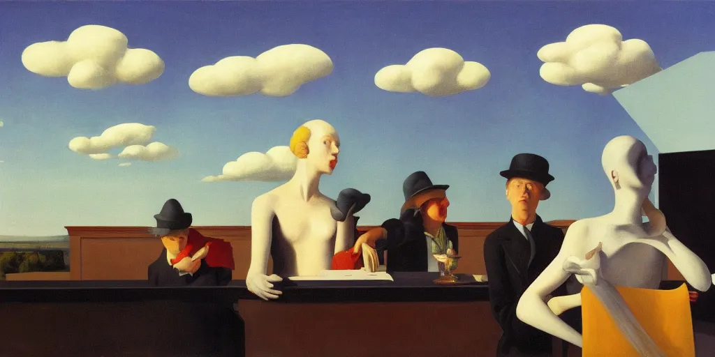 Image similar to three peculiar people pictured in afternoon light, clouds, bird, open ceiling, strange foreign objects, surrealist oil painting by edward hopper, chirico and rene magritte