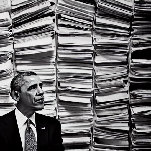 Image similar to obama nervously standing by a mountain of papers, videogame still, portrait, 4 0 mm lens, shallow depth of field, close up, split lighting, cinematic