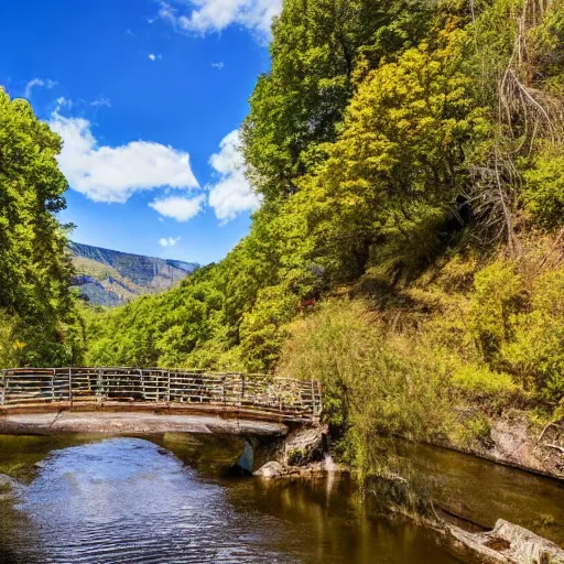 Prompt: bridge over a river within a large valley, scenic, blue sky above, trees in background, hd, 8k