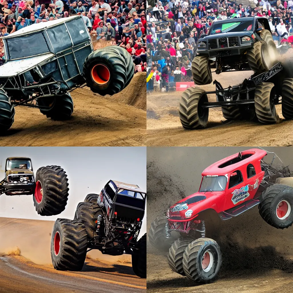 Prompt: Amish buggy monster truck jumping crushed cars