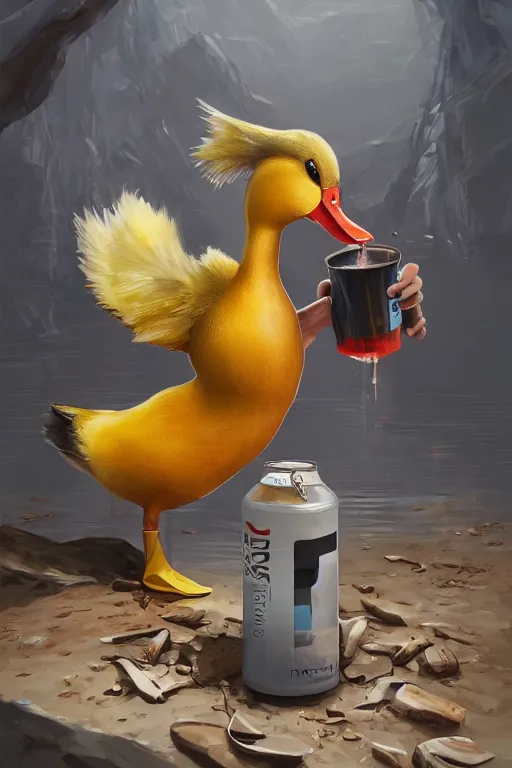 Image similar to duck drinks energy napiokmonstr energy, concept art, wlop, digital painting, trending on artstation, highly detailed, epic composition, official media, 8 k uhd