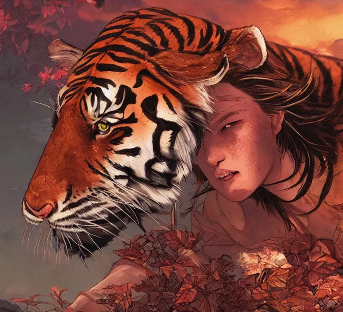 Image similar to a girl fighting a tiger, full shot, visible face, ambient lighting, detailed, art by ayami kojima, makoto shinkai, kilian eng