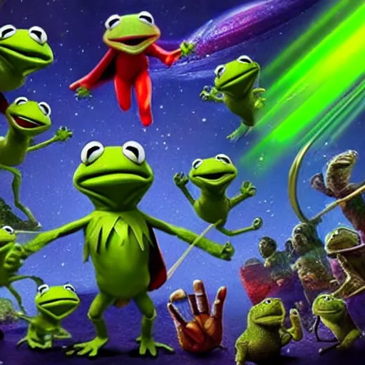 Image similar to the avengers battle one kermit the frog in space, galaxy, hd, 8 k, explosions, gunfire, lasers, giant, epic, colorful, realistic photo, unreal engine, stars, prophecy, powerful, cinematic lighting, destroyed planet, debris, justice league, movie poster, violent, sinister, ray tracing, dynamic, print, epic composition