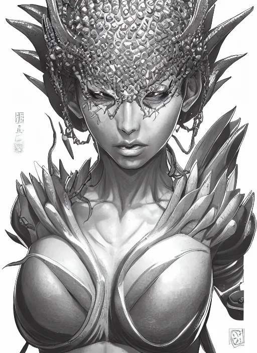 Image similar to a detailed face portrait of the queen of blades, line art, by yusuke murata, by hiroya oku, trending on artstation