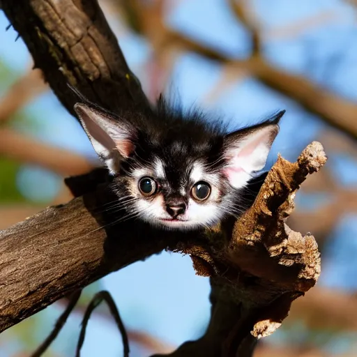 Prompt: a bat kitten, in a tree, wings out, Nikon, telephhoto 200mm
