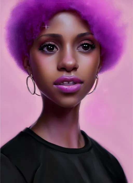 Image similar to portrait of vanessa morgan, black teenage girl, pink hair, wavy pixie haircut, purple newsboy cap, fluffy pink hair coming out from under cap, hoop earrings, subtle confident smile, intricate, elegant, glowing lights, highly detailed, digital painting, artstation, concept art, sharp focus, illustration, art by wlop, mars ravelo and greg rutkowski