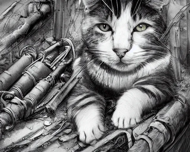 Image similar to A cat as a soldier in a world war 1 trench, close-up, black and white, amazing digital art, hyper detailed, artstation, in the style of Tony Sart