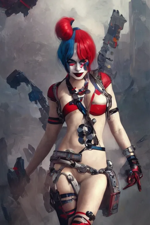 Image similar to portrait of Harley Quinn in bikini armor, dc comics, cyberpunk, Warhammer 40000, digital art from artstation by Ruan Jia and Mandy Jurgens and Artgerm and william-adolphe bouguereau